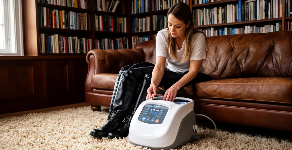 Femme assise ajustant le panneau de contrôle d'un appareil de pressothérapie avec bottes enfilées