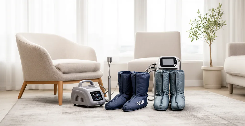 Appareil de pressothérapie portable avec bottes pneumatiques déployées à côté d'un fauteuil dans salon moderne Appareil de pressothérapie portable avec bottes pneumatiques déployées à côté d'un fauteuil dans salon moderne